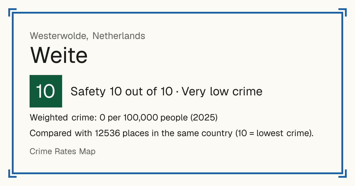 Weite, Netherlands: Safety 10 out of 10 (Very low crime). Weighted crime: 0 per 100,000 people (2025).