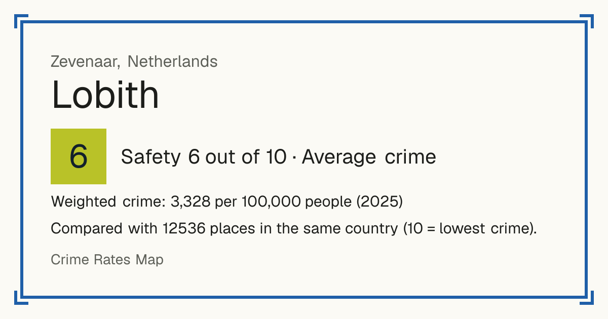 Lobith, Netherlands: Safety 6 out of 10 (Average crime). Weighted crime: 3,328 per 100,000 people (2025).
