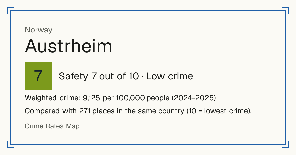 Austrheim, Norway: Safety 7 out of 10 (Low crime). Weighted crime: 9,125 per 100,000 people (2024-2025).