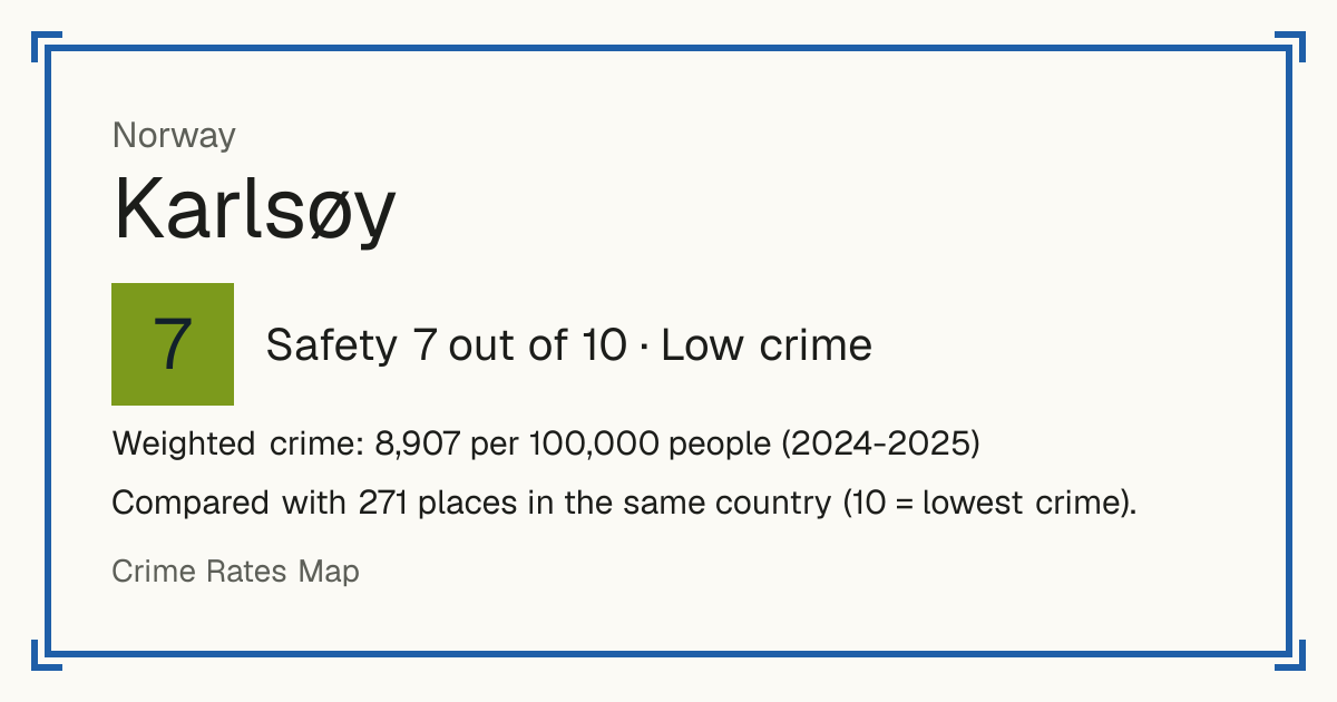 Karlsøy, Norway: Safety 7 out of 10 (Low crime). Weighted crime: 8,907 per 100,000 people (2024-2025).