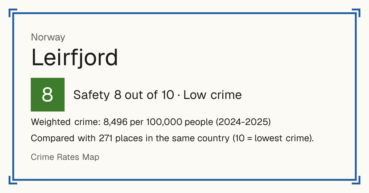 Leirfjord, Norway: Safety 8 out of 10 (Low crime). Weighted crime: 8,496 per 100,000 people (2024-2025).