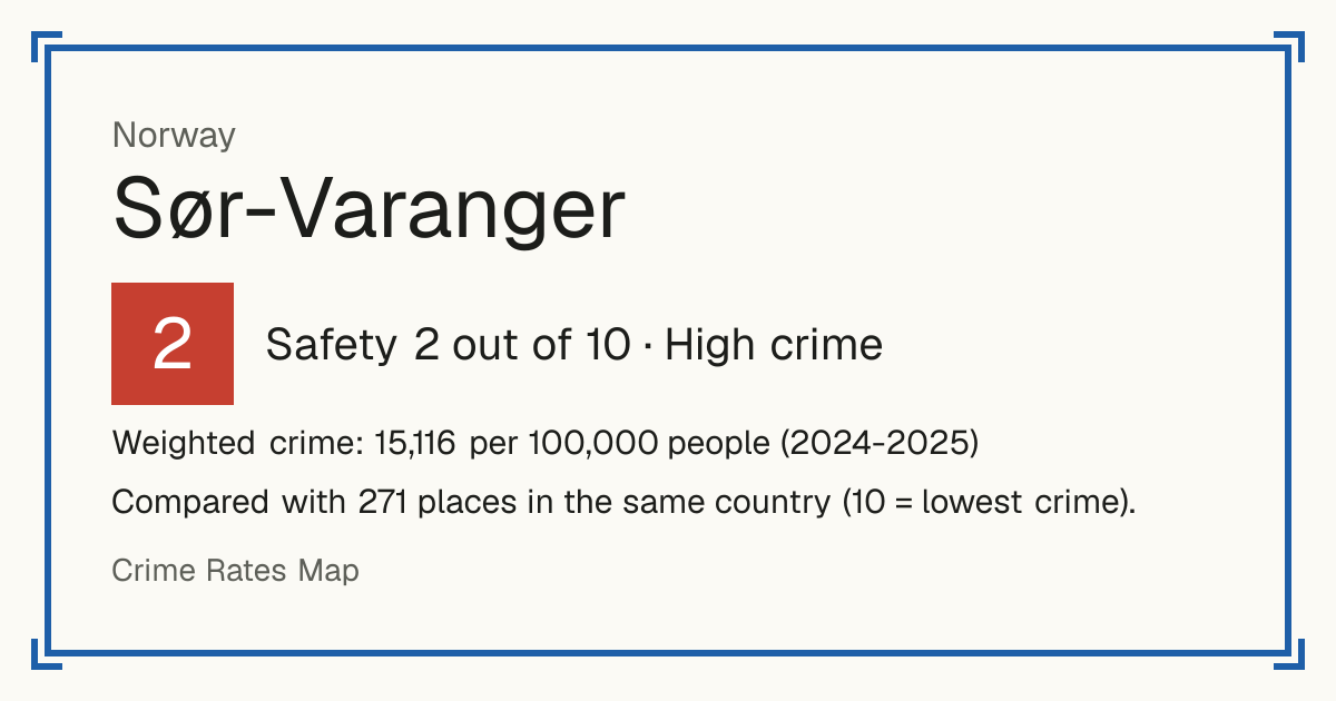 Sør-Varanger, Norway: Safety 2 out of 10 (High crime). Weighted crime: 15,116 per 100,000 people (2024-2025).