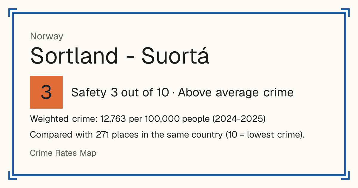 Sortland - Suortá, Norway: Safety 3 out of 10 (Above average crime). Weighted crime: 12,763 per 100,000 people (2024-2025).