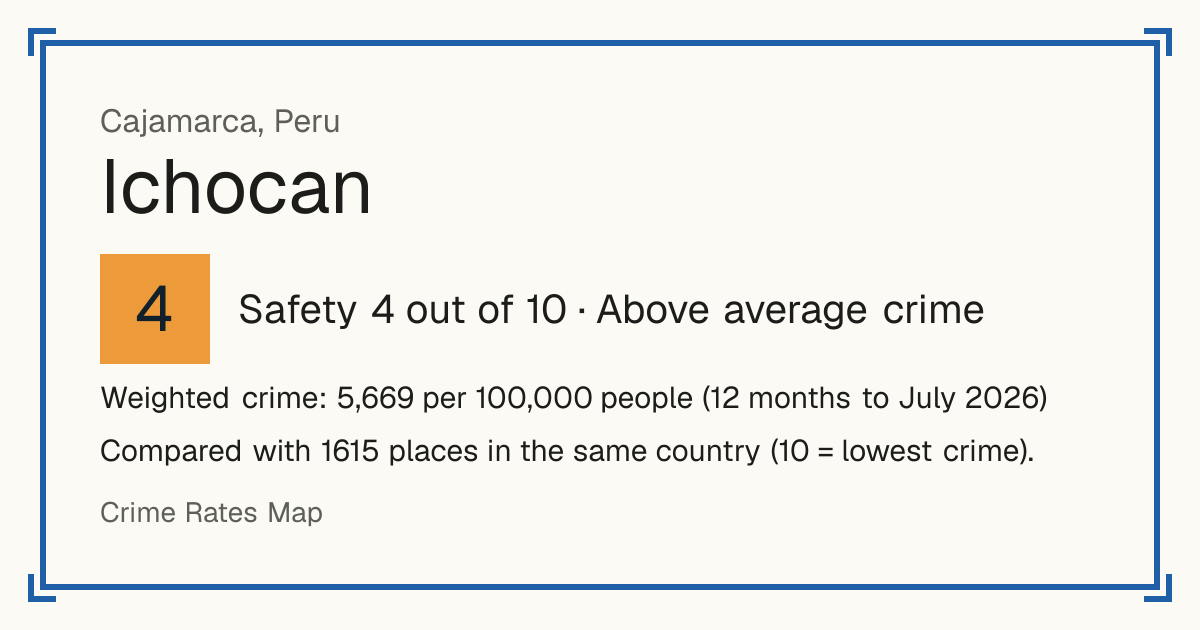 Ichocan, Peru: Safety 4 out of 10 (Above average crime). Weighted crime: 5,669 per 100,000 people (12 months to July 2026).
