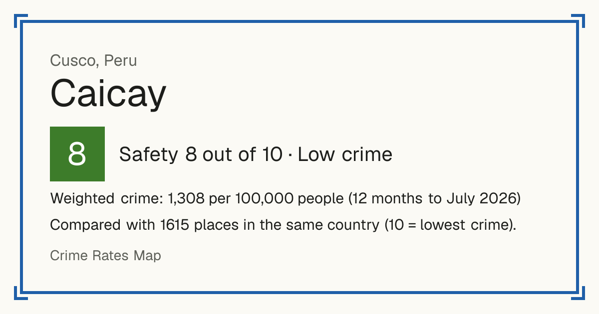 Caicay, Peru: Safety 8 out of 10 (Low crime). Weighted crime: 1,308 per 100,000 people (12 months to July 2026).