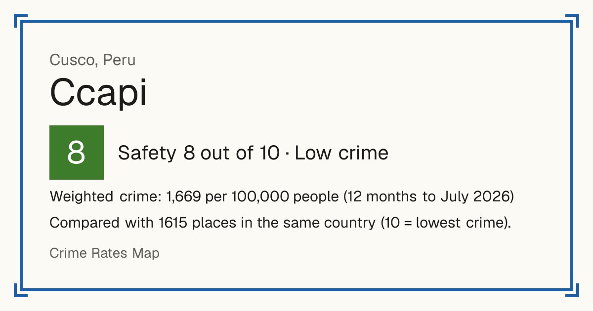 Ccapi, Peru: Safety 8 out of 10 (Low crime). Weighted crime: 1,669 per 100,000 people (12 months to July 2026).
