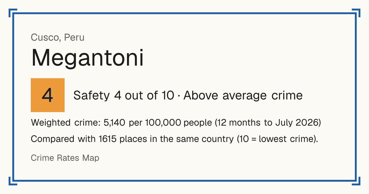 Megantoni, Peru: Safety 4 out of 10 (Above average crime). Weighted crime: 5,140 per 100,000 people (12 months to July 2026).