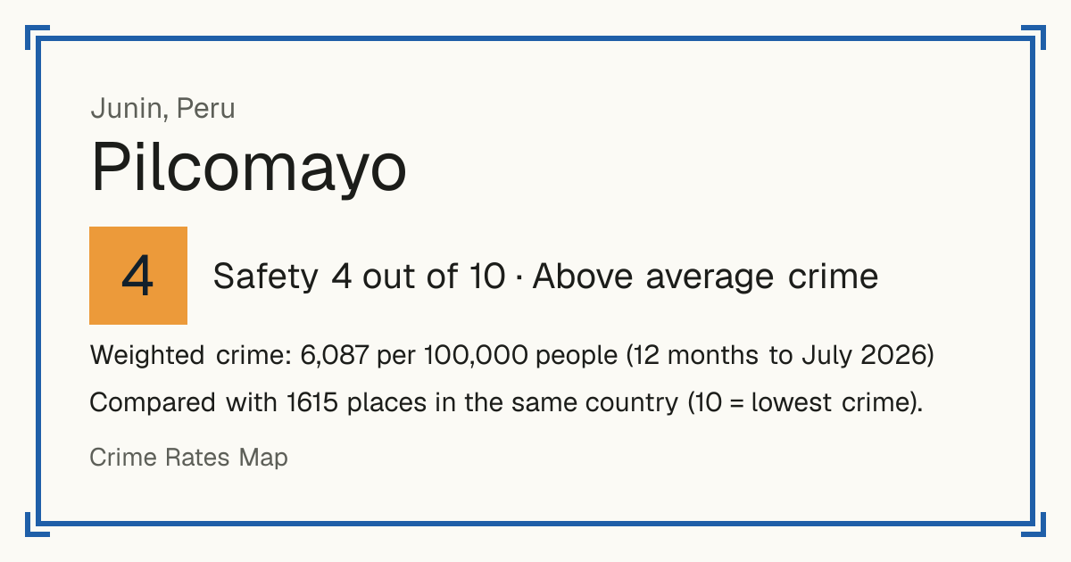 Pilcomayo, Peru: Safety 4 out of 10 (Above average crime). Weighted crime: 6,087 per 100,000 people (12 months to July 2026).