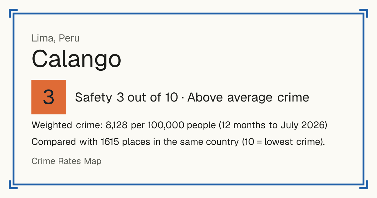 Calango, Peru: Safety 3 out of 10 (Above average crime). Weighted crime: 8,128 per 100,000 people (12 months to July 2026).