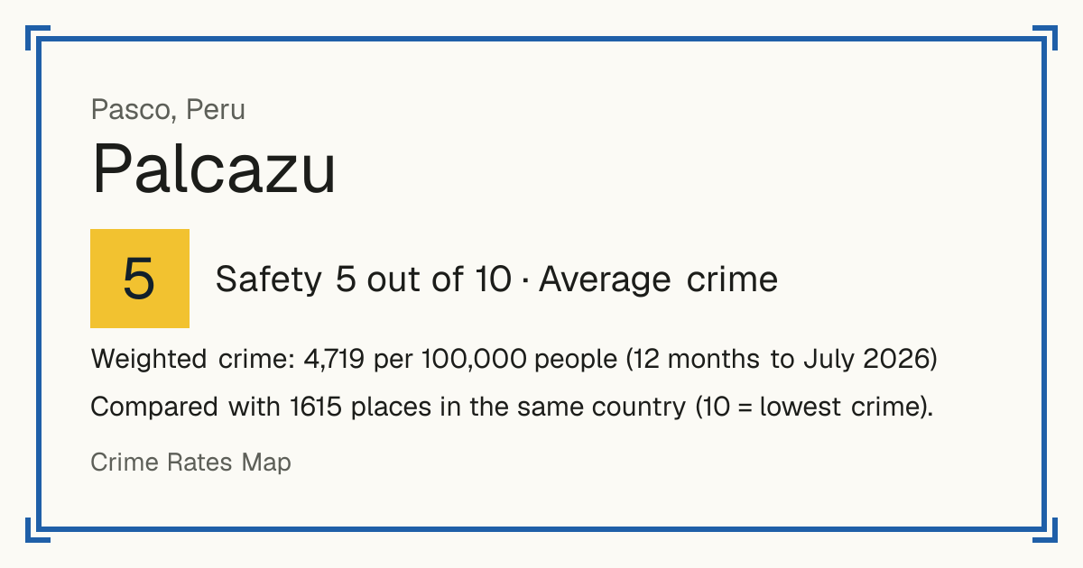 Palcazu, Peru: Safety 5 out of 10 (Average crime). Weighted crime: 4,719 per 100,000 people (12 months to July 2026).