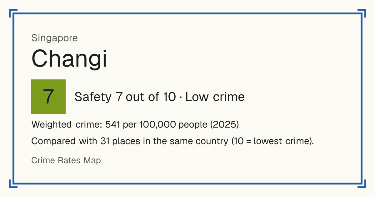 Changi, Singapore: Safety 7 out of 10 (Low crime). Weighted crime: 541 per 100,000 people (2025).