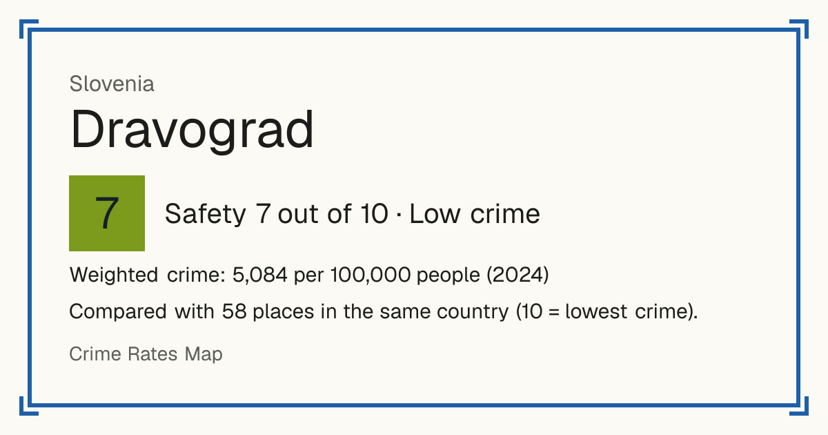 Dravograd, Slovenia: Safety 7 out of 10 (Low crime). Weighted crime: 5,084 per 100,000 people (2024).