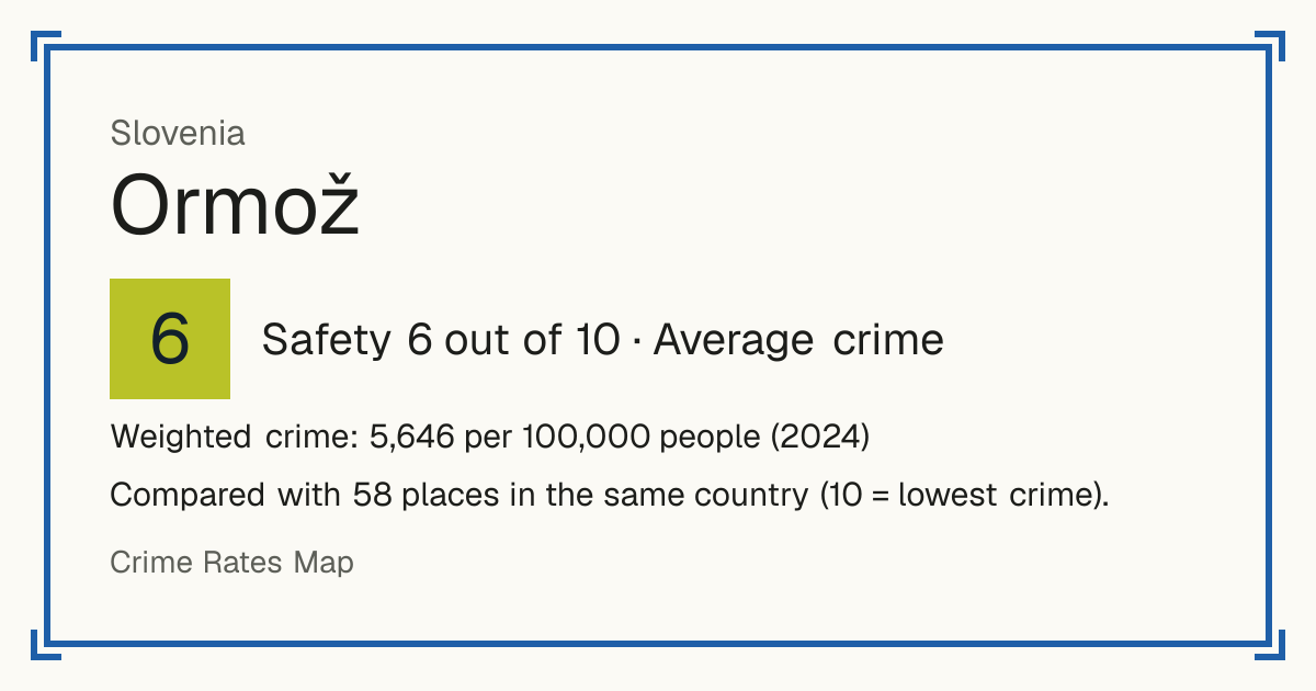 Ormož, Slovenia: Safety 6 out of 10 (Average crime). Weighted crime: 5,646 per 100,000 people (2024).