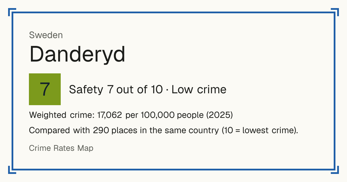 Danderyd, Sweden: Safety 7 out of 10 (Low crime). Weighted crime: 17,062 per 100,000 people (2025).
