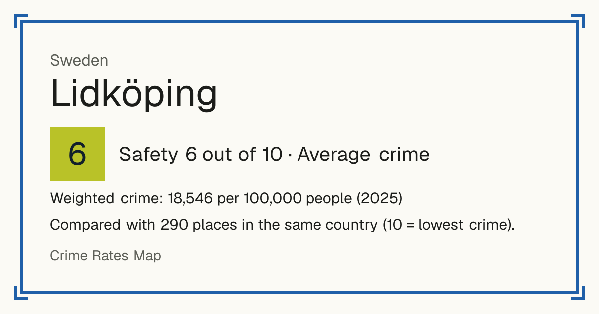 Lidköping, Sweden: Safety 6 out of 10 (Average crime). Weighted crime: 18,546 per 100,000 people (2025).