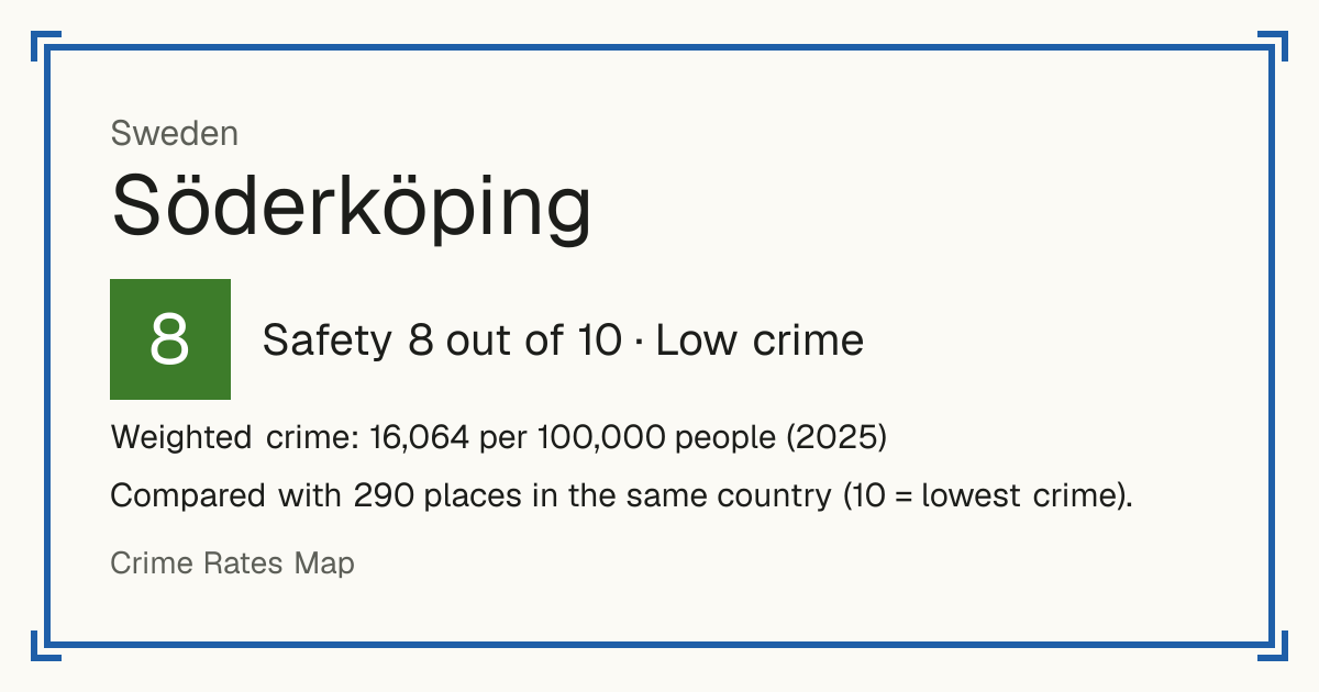 Söderköping, Sweden: Safety 8 out of 10 (Low crime). Weighted crime: 16,064 per 100,000 people (2025).