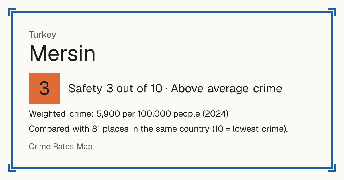 Mersin, Turkey: Safety 3 out of 10 (Above average crime). Weighted crime: 5,900 per 100,000 people (2024).