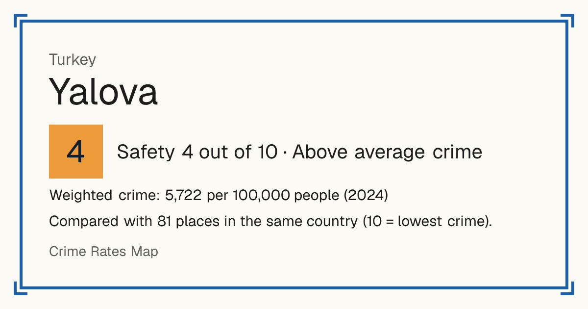 Yalova, Turkey: Safety 4 out of 10 (Above average crime). Weighted crime: 5,722 per 100,000 people (2024).