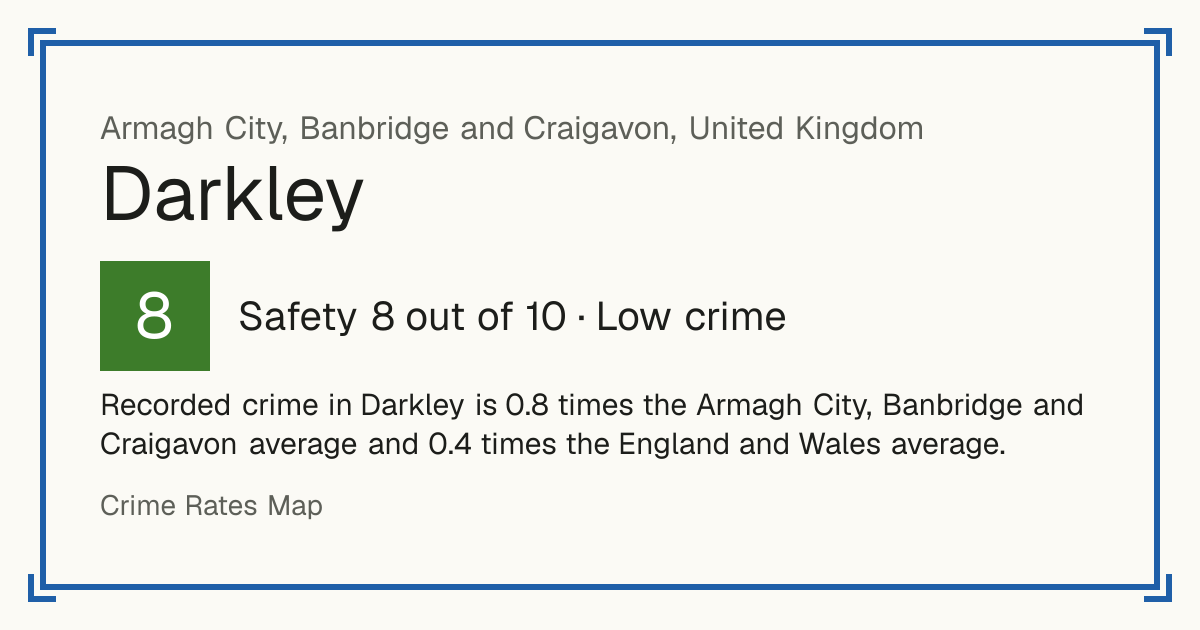 Recorded crime in Darkley is 0.8 times the Armagh City, Banbridge and Craigavon average and 0.4 times the England and Wales average.