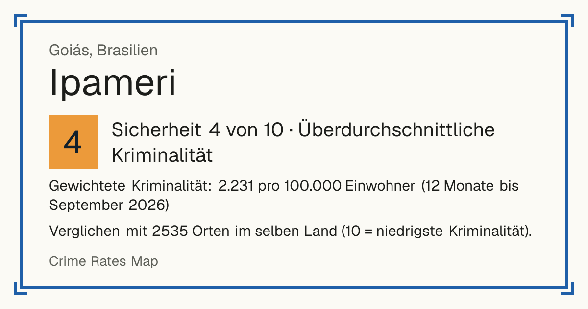 Ipameri, Brasilien: Sicherheit 4 von 10 (Überdurchschnittliche Kriminalität). Verglichen mit 2535 Orten im selben Land (10 = niedrigste Kriminalität).