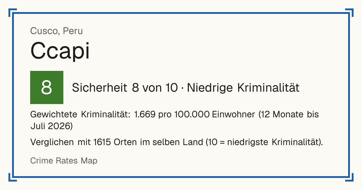 Ccapi, Peru: Sicherheit 8 von 10 (Niedrige Kriminalität). Gewichtete Kriminalität: 1.669 pro 100.000 Einwohner (12 Monate bis Juli 2026).