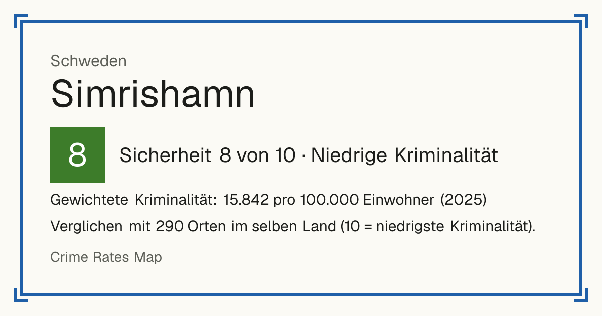 Simrishamn, Schweden: Sicherheit 8 von 10 (Niedrige Kriminalität). Gewichtete Kriminalität: 15.842 pro 100.000 Einwohner (2025).
