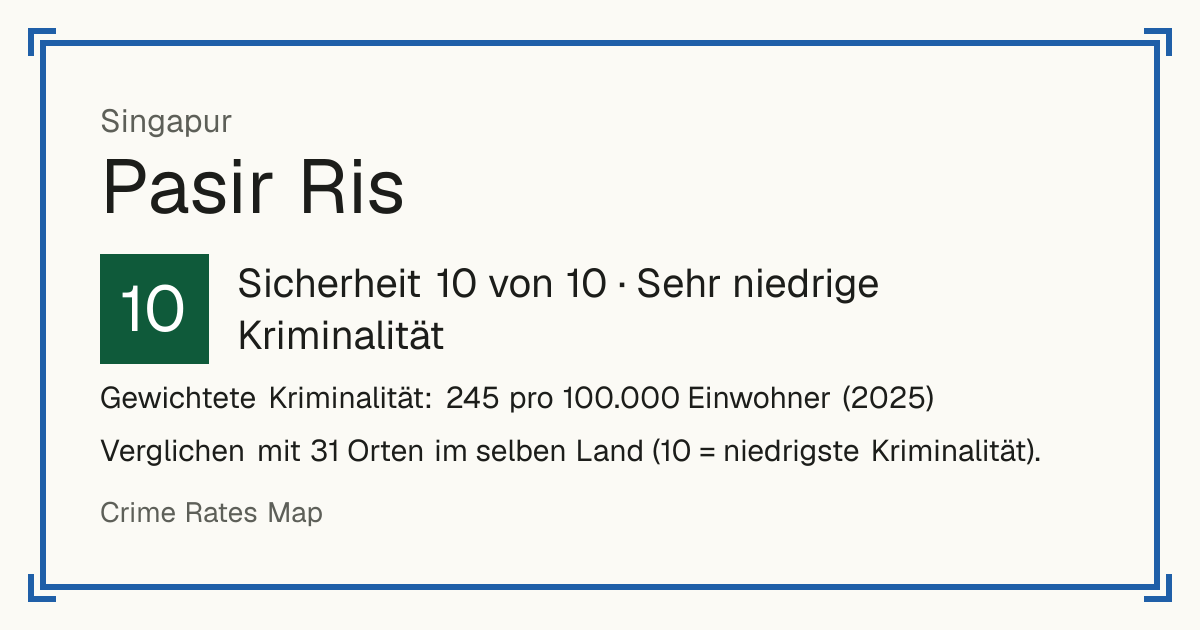 Pasir Ris, Singapur: Sicherheit 10 von 10 (Sehr niedrige Kriminalität). Gewichtete Kriminalität: 245 pro 100.000 Einwohner (2025).