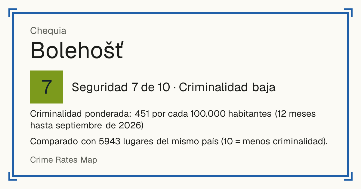 Bolehošť, Chequia: Seguridad 7 de 10 (Criminalidad baja). Criminalidad ponderada: 451 por cada 100.000 habitantes (12 meses hasta septiembre de 2026).