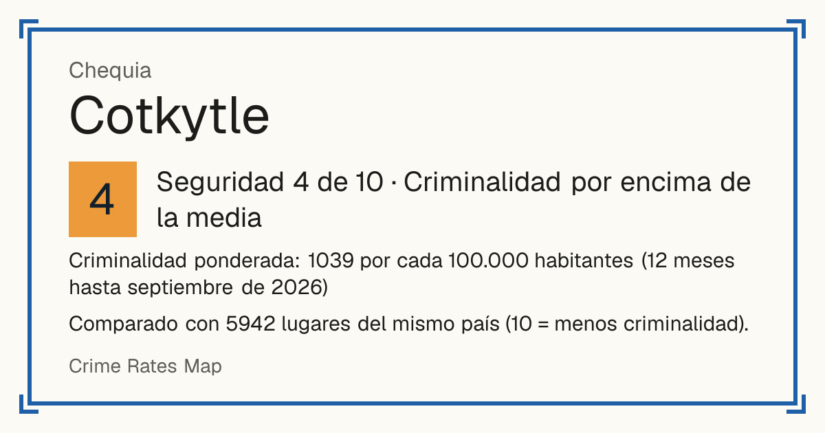 Cotkytle, Chequia: Seguridad 4 de 10 (Criminalidad por encima de la media). Comparado con 5942 lugares del mismo país (10 = menos criminalidad).