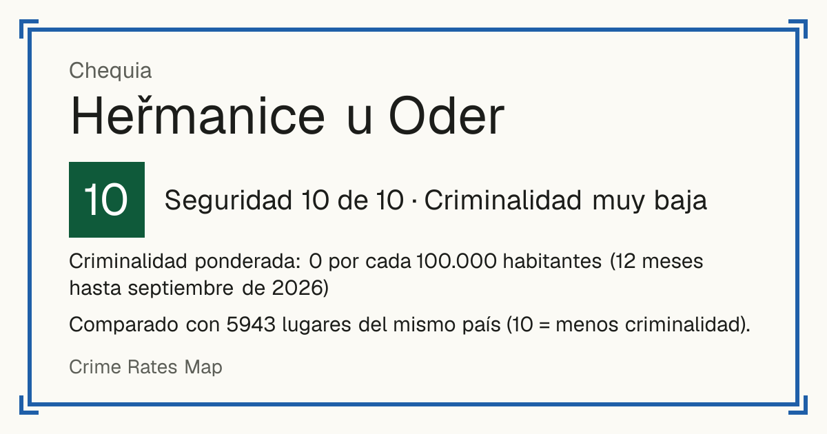 Heřmanice u Oder, Chequia: Seguridad 10 de 10 (Criminalidad muy baja). Comparado con 5942 lugares del mismo país (10 = menos criminalidad).