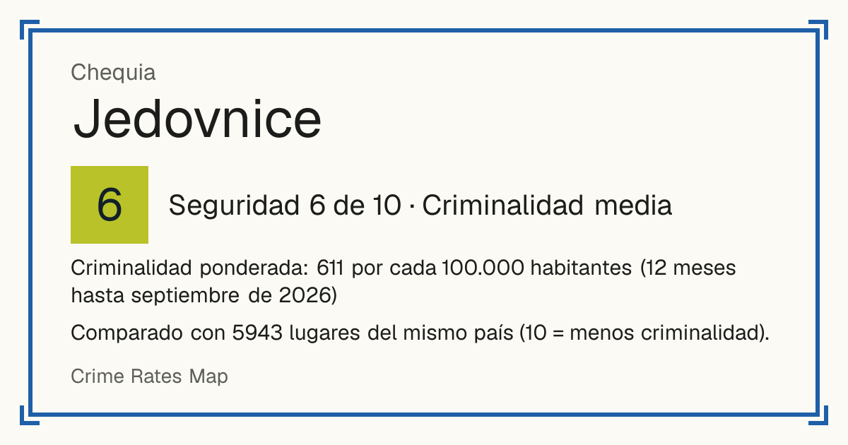 Jedovnice, Chequia: Seguridad 6 de 10 (Criminalidad media). Criminalidad ponderada: 611 por cada 100.000 habitantes (12 meses hasta septiembre de 2026).