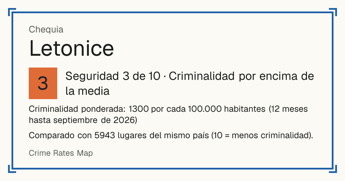 Letonice, Chequia: Seguridad 3 de 10 (Criminalidad por encima de la media). Comparado con 5942 lugares del mismo país (10 = menos criminalidad).