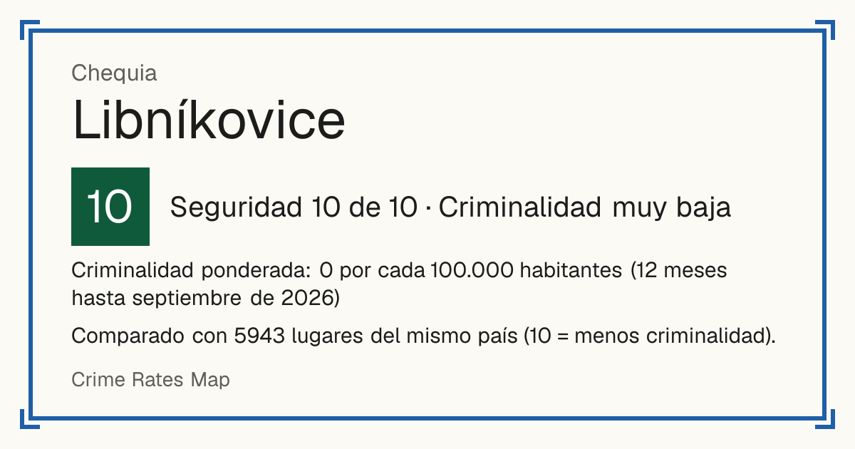 Libníkovice, Chequia: Seguridad 10 de 10 (Criminalidad muy baja). Criminalidad ponderada: 0 por cada 100.000 habitantes (12 meses hasta septiembre de 2026).