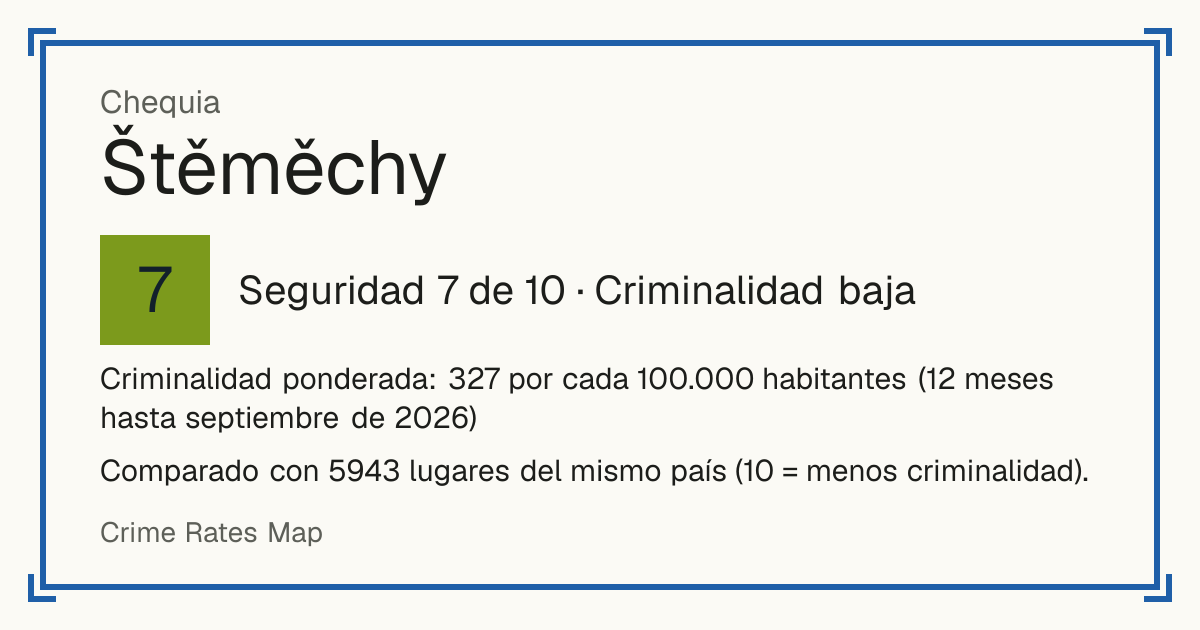 Štěměchy, Chequia: Seguridad 7 de 10 (Criminalidad baja). Criminalidad ponderada: 327 por cada 100.000 habitantes (12 meses hasta septiembre de 2026).