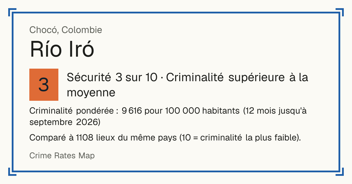 Río Iró, Colombie: Sécurité 3 sur 10 (Criminalité supérieure à la moyenne). Comparé à 1108 lieux du même pays (10 = criminalité la plus faible).