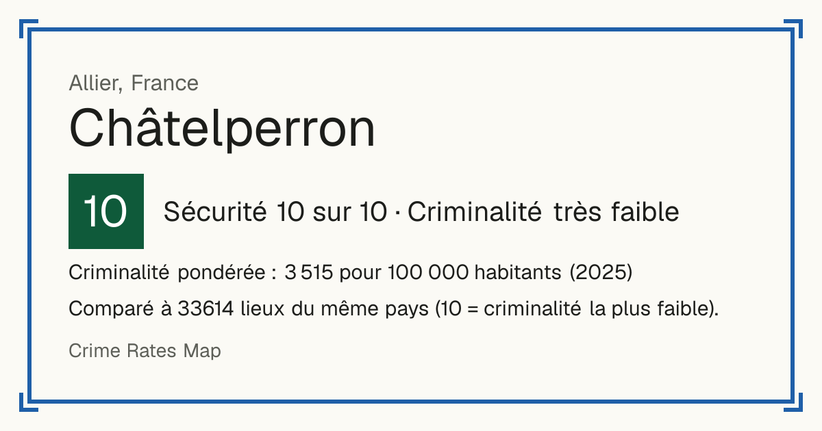 Châtelperron, France: Sécurité 10 sur 10 (Criminalité très faible). Criminalité pondérée : 3 515 pour 100 000 habitants (2025).