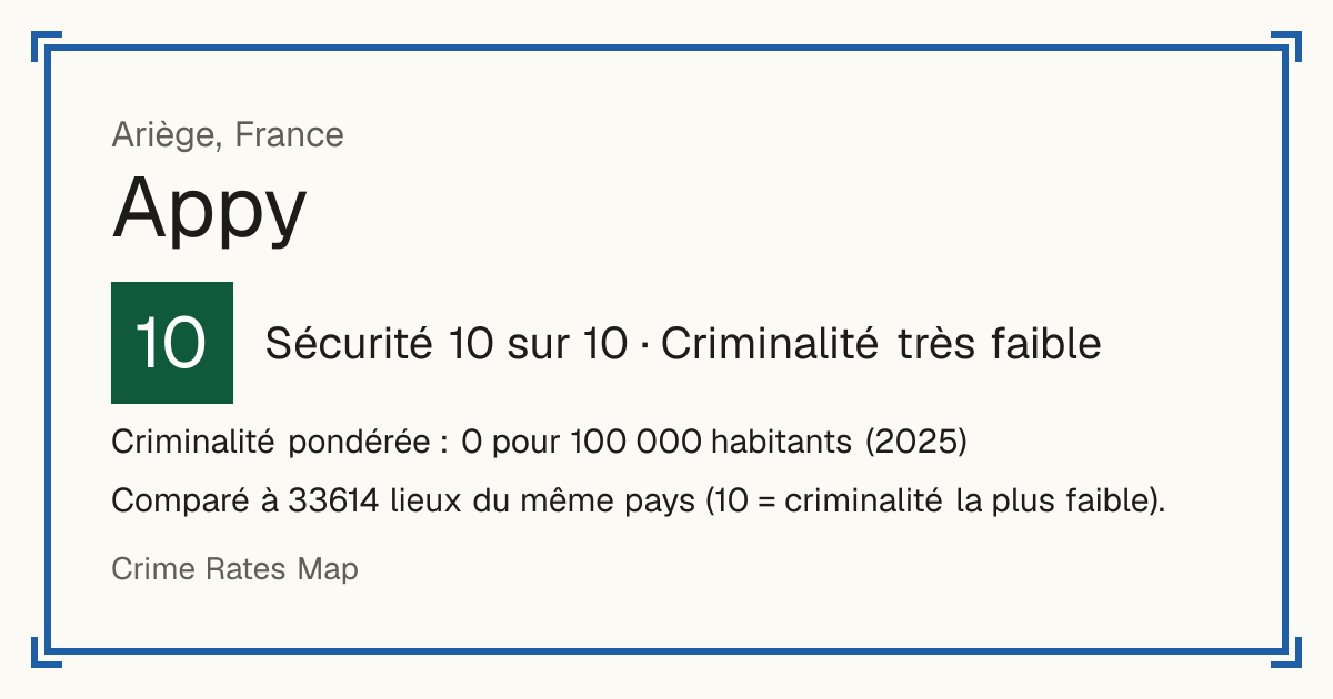 Appy, France: Sécurité 10 sur 10 (Criminalité très faible). Criminalité pondérée : 0 pour 100 000 habitants (2025).