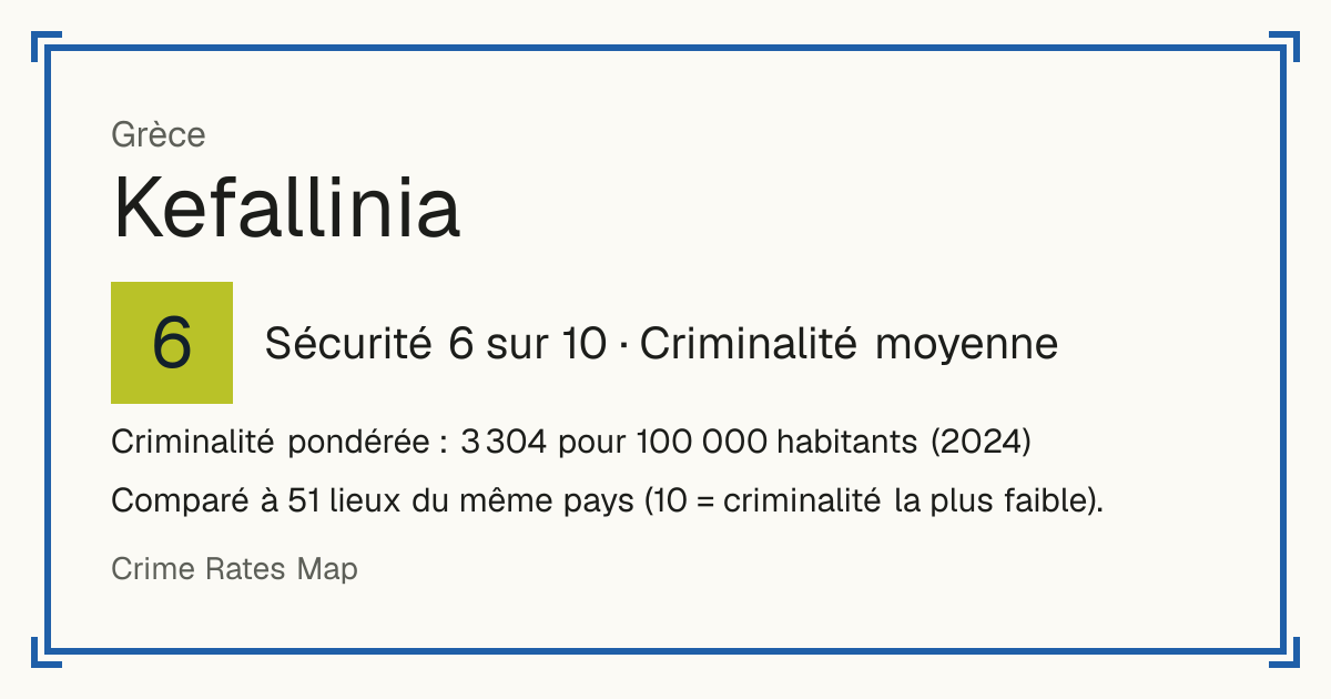 Kefallinia, Grèce: Sécurité 6 sur 10 (Criminalité moyenne). Criminalité pondérée : 3 304 pour 100 000 habitants (2024).