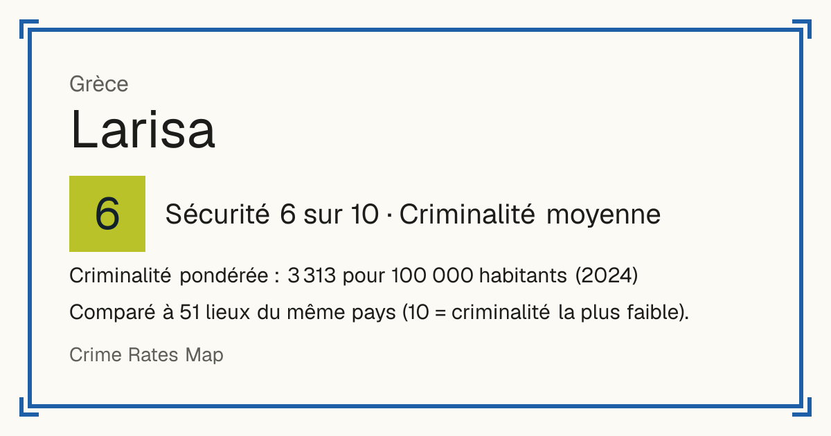 Larisa, Grèce: Sécurité 6 sur 10 (Criminalité moyenne). Criminalité pondérée : 3 313 pour 100 000 habitants (2024).