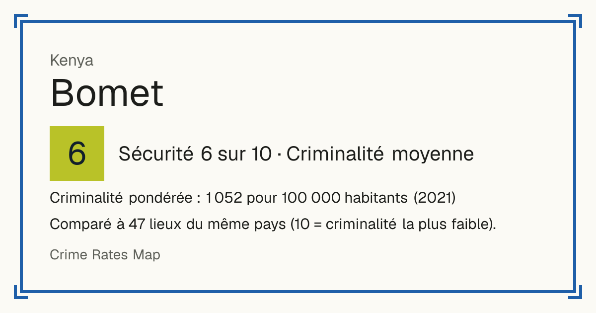 Bomet, Kenya: Sécurité 6 sur 10 (Criminalité moyenne). Criminalité pondérée : 1 052 pour 100 000 habitants (2021).