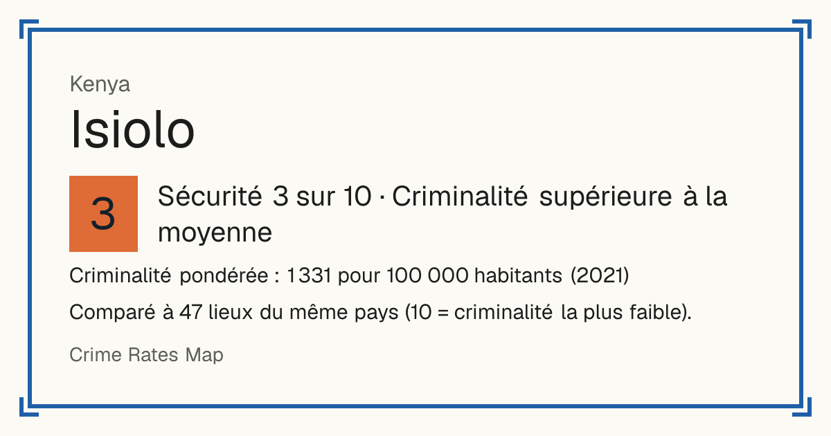 Isiolo, Kenya: Sécurité 3 sur 10 (Criminalité supérieure à la moyenne). Criminalité pondérée : 1 331 pour 100 000 habitants (2021).