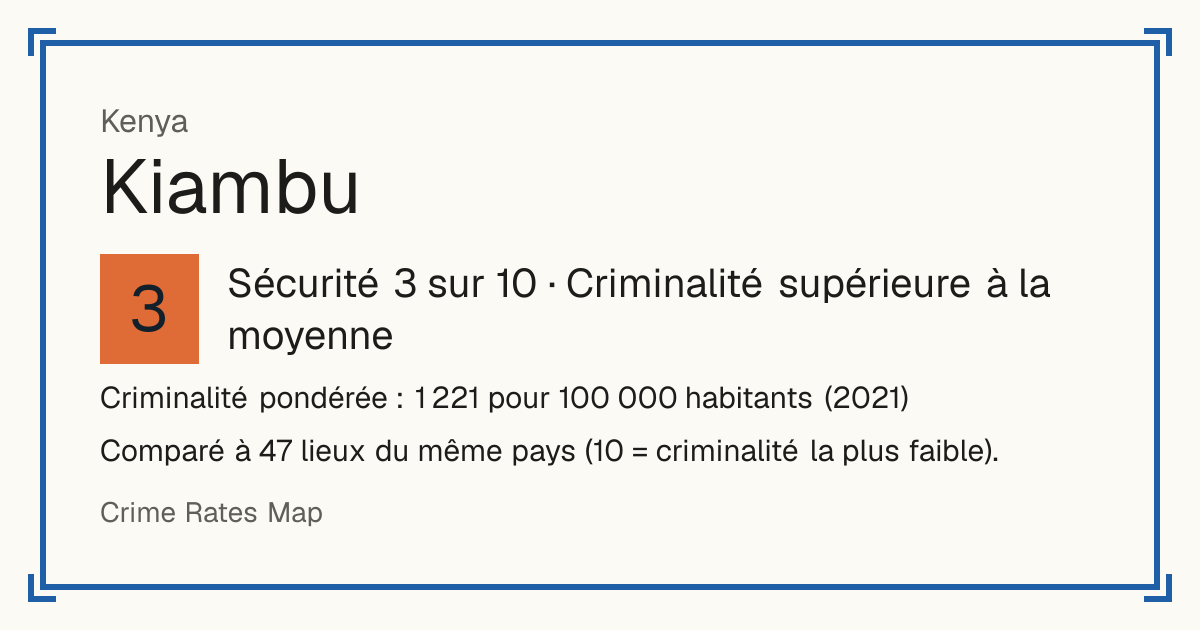 Kiambu, Kenya: Sécurité 3 sur 10 (Criminalité supérieure à la moyenne). Criminalité pondérée : 1 221 pour 100 000 habitants (2021).
