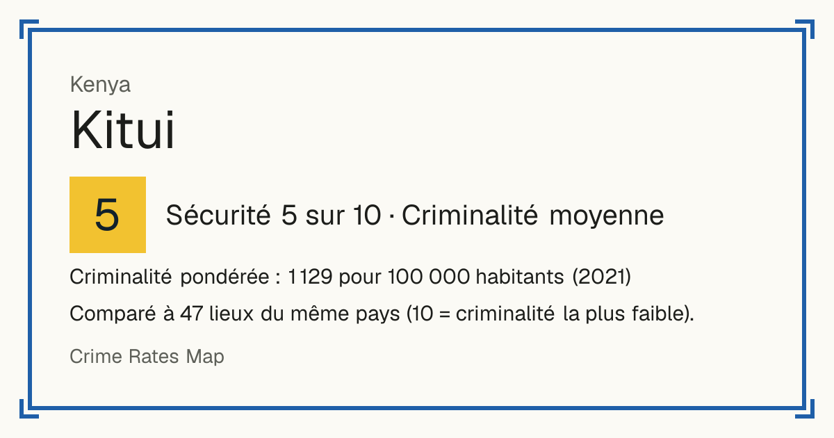 Kitui, Kenya: Sécurité 5 sur 10 (Criminalité moyenne). Criminalité pondérée : 1 129 pour 100 000 habitants (2021).