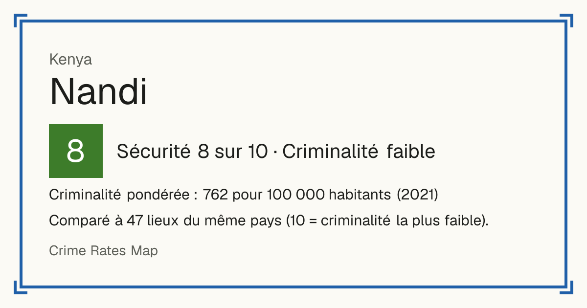 Nandi, Kenya: Sécurité 8 sur 10 (Criminalité faible). Criminalité pondérée : 762 pour 100 000 habitants (2021).
