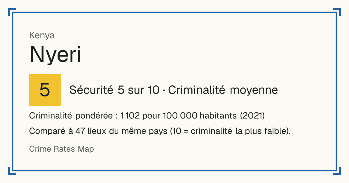 Nyeri, Kenya: Sécurité 5 sur 10 (Criminalité moyenne). Criminalité pondérée : 1 102 pour 100 000 habitants (2021).