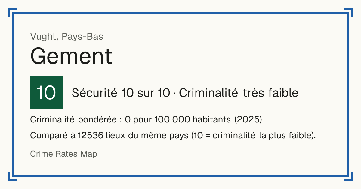 Gement, Pays-Bas: Sécurité 10 sur 10 (Criminalité très faible). Criminalité pondérée : 0 pour 100 000 habitants (2025).