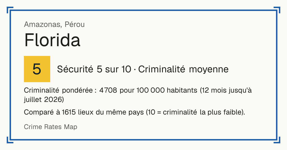Florida, Pérou: Sécurité 5 sur 10 (Criminalité moyenne). Criminalité pondérée : 4 708 pour 100 000 habitants (12 mois jusqu'à juillet 2026).
