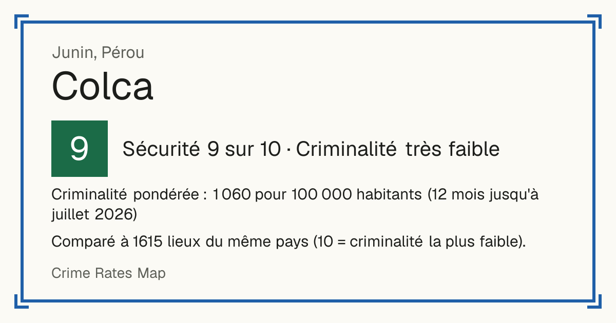 Colca, Junin, Pérou: Sécurité 9 sur 10 (Criminalité très faible). Criminalité pondérée : 1 060 pour 100 000 habitants (12 mois jusqu'à juillet 2026).