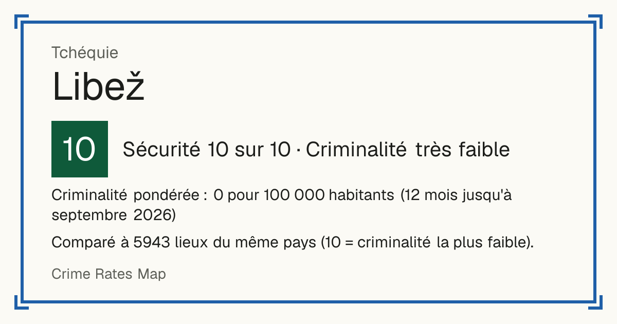 Libež, Tchéquie: Sécurité 10 sur 10 (Criminalité très faible). Criminalité pondérée : 0 pour 100 000 habitants (12 mois jusqu'à septembre 2026).