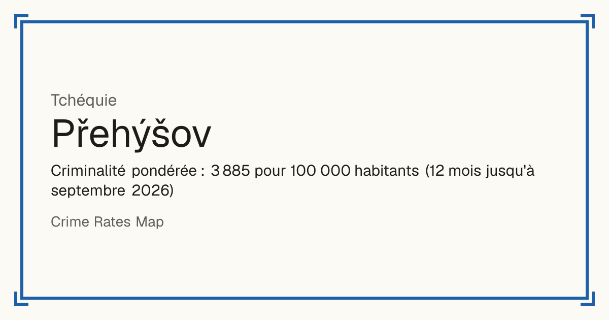 Přehýšov, Tchéquie: Criminalité pondérée : 3 885 pour 100 000 habitants (12 mois jusqu'à septembre 2026).